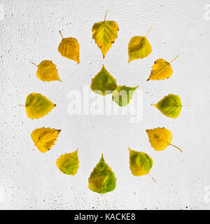 Uhr mit bunten Herbst birke Blätter auf dem nassen Glas gestapelt. Zwei Uhr. 2. Stockfoto