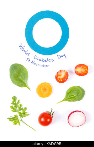 Frisches Gemüse und Blü Circle Papier als Symbol der Welt diabetes Tag und die Bekämpfung von Krankheiten, Konzept der gesunden Ernährung Stockfoto