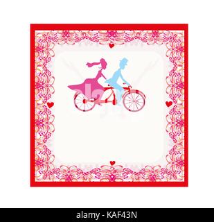 Hochzeit Einladung mit Braut und Bräutigam, tandem Fahrrad Stock Vektor