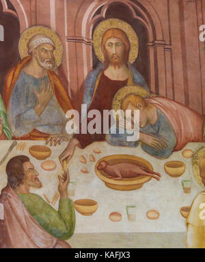 Renaissance Fresko Jesus und die Apostel beim Letzten Abendmahl, in der Collegiata von San Gimignano, Italien. Stockfoto