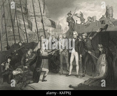 Horatio Nelson, akzeptieren die Herausgabe, Erhalt der Schwert der Spanischen Kapitän der San Josef, Schlacht bei Kap St. Vincent, 1797 Stockfoto