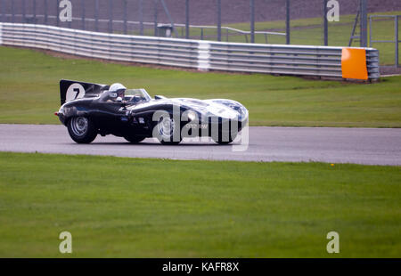 Einen schönen Grünen 1955, Jaguar D-Type, konkurrieren in der RAC-Woodcote Trophy für Pre' 56 Sportwagen, bei der Silverstone Classic 2017 Stockfoto