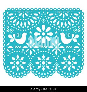 Papel Picado vector Template Design, mexikanische Papierdeko mit Vögeln und Blumen, traditionelle fiesta Banner in Türkis traditionelle Banner Stock Vektor