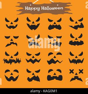 Vektor einfach zu bedienende 16 flache Emoticons von Ghost Mimik als schwarze Auge, Nase, Mund auf orange Hintergrund mit happy halloween Plank Stock Vektor