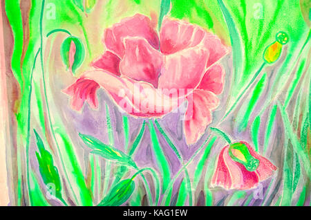 Mohn mit der Knospe im grünen Gras lackiert Acrylfarben auf leichte Seide Stockfoto