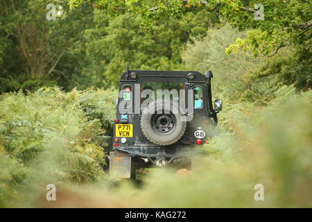 Guildford, Surrey, Großbritannien. 10. September 2017 Land Rover 4x4 Autos fahren off road' Grün Laning'. Stockfoto