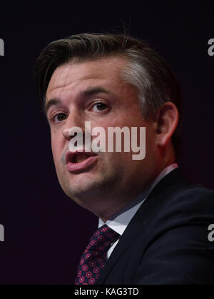 Shadow Staatssekretär für Gesundheit Jonathan Ashworth, Adressen Delegierten während der jährlichen Konferenz der Labour Party, an der Brighton Centre, Brighton. Stockfoto