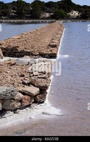 Natürlichen Salzseen von Formentera, Ibiza mit Salz Kristallisation im flachen Wasser Bereiche Stockfoto