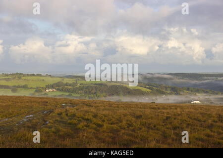 Misty Morning in Richtung Lydford Gorge Nationalpark Dartmoor Devon England suchen Stockfoto