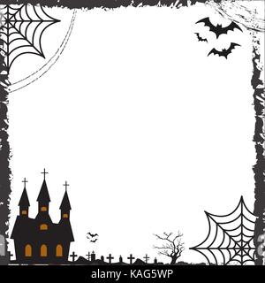 Halloween mit rechteckigem Rahmen für Text mit Spinnennetz, bat, Schloss. Vorlage für die Gestaltung von Grußkarten, Einladungen, Plakate. Vector Illustration. Stock Vektor