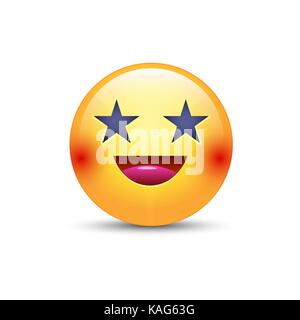 Glücklich lachend emoji Gesicht, mit Augen in Form von Sternen. Spaß Cartoon Vektor emoticon mit Lächeln. Gelbe smiley für die niedlichen und Chat. Stock Vektor