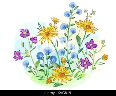 Aquarell blumen Veilchen und Stiefmütterchen und Blätter auf Wiese Stock Vektor