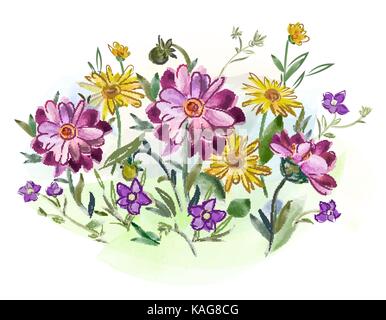 Aquarell blumen Veilchen und Stiefmütterchen und Blätter auf Wiese Stock Vektor