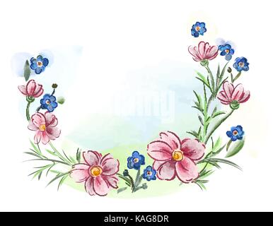 Aquarell blumen Veilchen und Stiefmütterchen und Blätter auf Wiese Stock Vektor