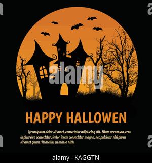 Happy Halloween poster Mit haunted House, Bäume und Vollmond, Vektor, Abbildung Stock Vektor