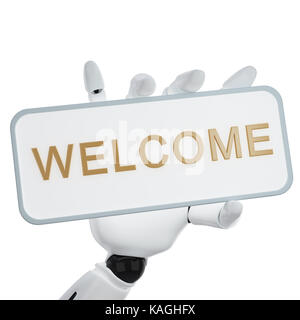 Eine 3D-Robotic hand Halten ein Schild mit dem Wort "Willkommen" Stockfoto