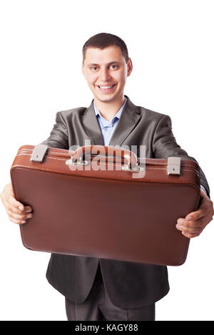 Junge Unternehmer enthält kurze Fall auf weißem Hintergrund Stockfoto