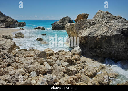 Panoramablick von Megali Petra Beach, Lefkas, Ionische Inseln, Griechenland Stockfoto