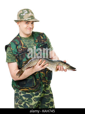 Portrait einer jungen glücklich Fischer mit seinen Fang auf weißem Hintergrund Stockfoto