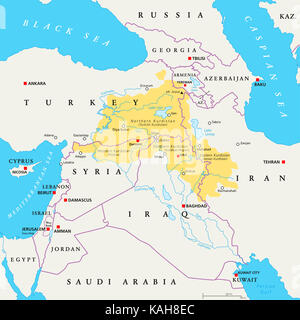 Region Kurdistan politische Karte. Kurdische bewohnten Gebiete im Nahen Osten. Nördlichen, westlichen, östlichen, südlichen Kurdistan in der Türkei, Syrien, Irak und Iran Stockfoto