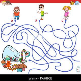 Cartoon Illustration der Bahnen oder Labyrinth Puzzle Aktivität Spiel mit Kindern Zeichen und süßen Speisen Stock Vektor