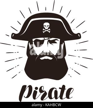 Pirate Logo oder Label. Portrait von bärtigen einäugigen Filibuster in hat. Vector Illustration Stock Vektor