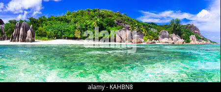 Unglaubliche Natur in La Digue, beeindruckende Anse d'Argent, Seychellen. Stockfoto