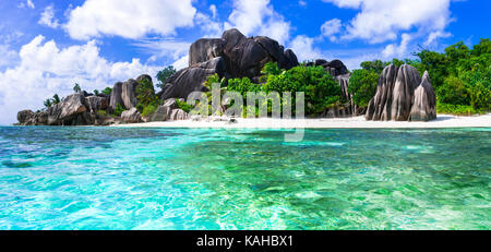 Unglaubliche Natur in La Digue, beeindruckende Anse d'Argent, Seychellen. Stockfoto