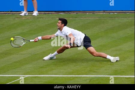 Novak Djokovic aus Serbien auf Hochtouren während seinem Match gegen Vasek Pospisil von Kanada am Tag sechs der Aegon International an der Devonshire Park, Eastbourne. 28 Jun 2017 Stockfoto
