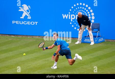 Vasek Pospisil von Kanada in Aktion gegen Novak Djokovic aus Serbien am Tag sechs der Aegon International an der Devonshire Park, Eastbourne. 28 Jun 2017 Stockfoto