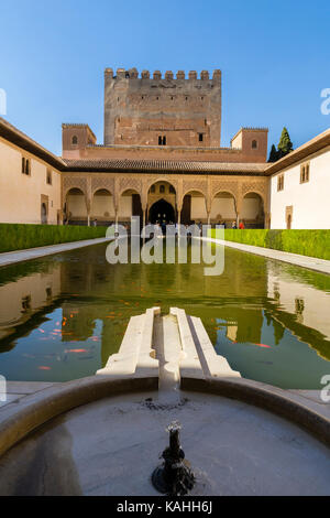 Maurisch, Hof der Myrtles, Patio de los Arrayanes, Comares Turm, Comares Palast, Comares Palast, Palacios Nazaries Stockfoto