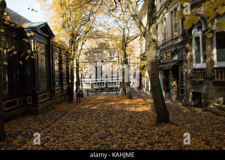 Gefallene Herbstblätter auf einer städtischen gepflasterten Straße, Crown Place, H Harrogate, North Yorkshire, England, VEREINIGTES KÖNIGREICH. Stockfoto