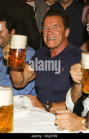 Arnold Schwarzenegger Schauspieler feiern mit Massenbier im Schützenzelt Festzelt beim 184. Oktoberfest auf der Theresienwiese am Dienstag, 26. September 2017 in München Stockfoto