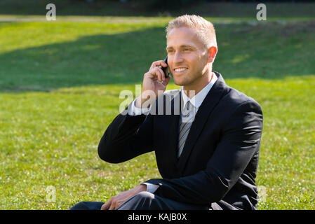 Lächelnden jungen Geschäftsmann am Telefon sprechen im Park Stockfoto
