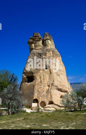 Typische Rock House in Feenkamine, erodierten Felsformationen aus Sandstein, in der Nähe von Göreme und Pasabagi Çavusin. Kappadokien. Zentralanatolien. Türkei Stockfoto