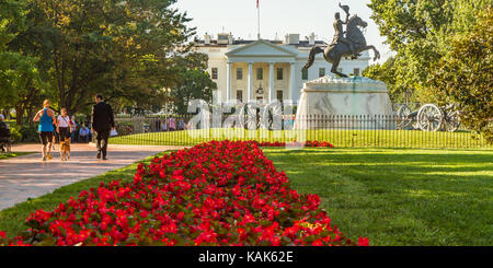 Menschen auf dem Weg zum Weißen Haus, Washington DC, bei der die Zeile der roten Blüten, die von der Vorderseite der Foto zum Weißen Haus. Andrew Jackson Statue auf der rechten Seite. Stockfoto