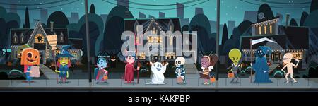 Kinder tragen Monster Kostüme zu Fuß in der Stadt Tricks oder Behandeln Happy Halloween Banner Urlaub Konzept Stock Vektor