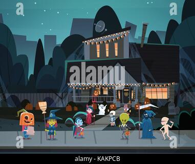Kinder tragen Monster Kostüme zu Fuß in der Stadt Tricks oder Behandeln Happy Halloween Banner Urlaub Konzept Stock Vektor