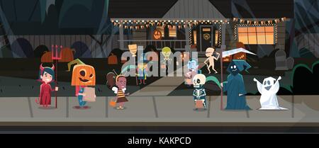 Kinder tragen Monster Kostüme zu Fuß in der Stadt Tricks oder Behandeln Happy Halloween Banner Urlaub Konzept Stock Vektor