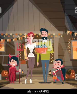 Glückliche Familie Eltern und Kinder feiern Halloween Vampir Kostüme Urlaub Dekoration Horror Party Konzept Verschleiß Stock Vektor