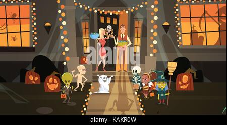 Kinder tragen Monster Kostüme zu Fuß zum Haus Candy Tricks oder Behandeln Happy Halloween Banner Urlaub Konzept Stock Vektor