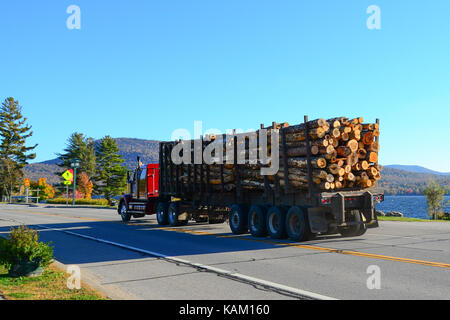 Traktoren Anhänger Lkw mit Logs vorbeifahren See angenehm in den Adirondack Mountains geladen. Stockfoto