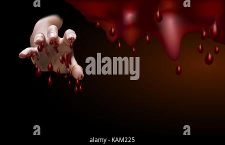 Männliche Hand, voll mit Blut, Recke etwas zu greifen oder drohen sie jemanden mit Drop Blut Hintergrund, Vector Illustration Stock Vektor