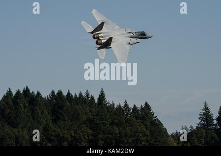 Ein Oregon Air National Guard F-15 Eagle mit dem 142 Fighter Wing, aus Portland, Oregon, fliegt durch die Menge. Stockfoto