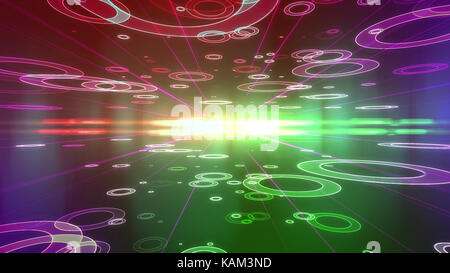 Futuristische 3D-Illustration einer violetten Hintergrund mit Spirale Untertassen in verschiedenen Größen auf zwei Flächen aus einem mehrschichtigen Cyberspace und Fliegen platziert Stockfoto