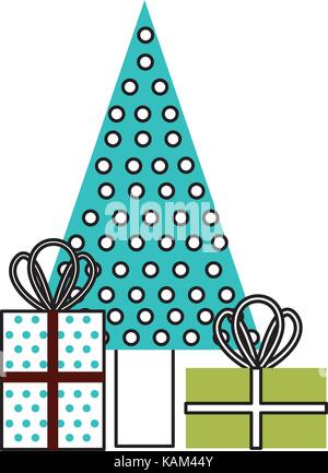 Weihnachtsbaum und Geschenkboxen für Urlaub eingerichtet Stock Vektor