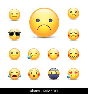 Traurig, traurig, cartoon Vektor emoji Gesicht gesetzt. Unglücklich, weinen, wütend, depresserd Smileys. Ninja, Sonnenbrillen und über Emoticons Stock Vektor