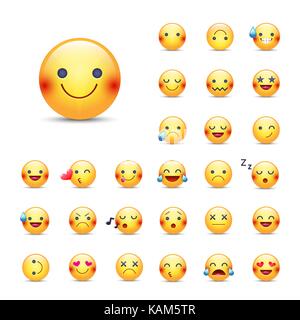 Smileys vektor Icon Set. Emoticons Pack. Glücklich, fröhlich, Singen, Schlafen, Ninja, Weinen, in Liebe und andere runde gelbe emoji Gesicht. Große Sammlung o Stock Vektor