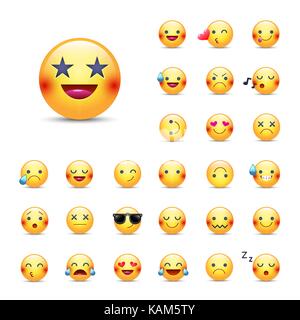 Smileys vektor Icon Set. Emoticons Pack. Glücklich, fröhlich, Singen, Schlafen, Ninja, Weinen, Augen, die in der Form von Sternen, in Liebe und andere runde gelbe emo Stock Vektor