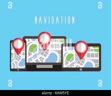 Digitale Geräte mit Navigation GPS-Karte auf dem Bildschirm Stock Vektor